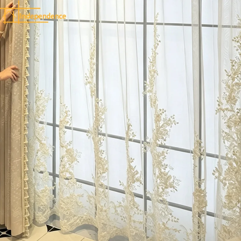 New Heavy Industry Embroidery Flower Petal Trailing French Window Bedroom Living Room Embroidery Window Screen White