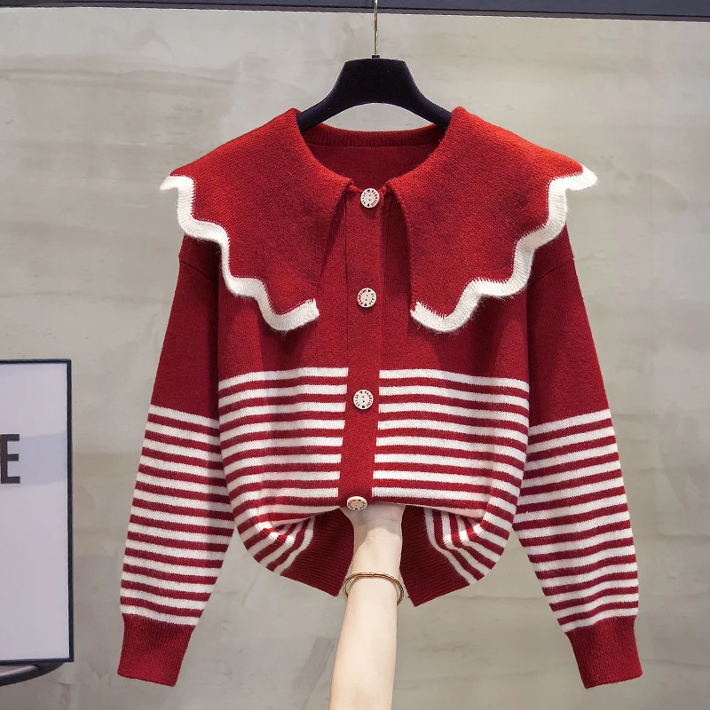 Peter Pan Collar Striped Sweater Single Breasted Knitted Cardigan Women\'s 2024 Spring Autumn New Korean Loose Versatile Coat
