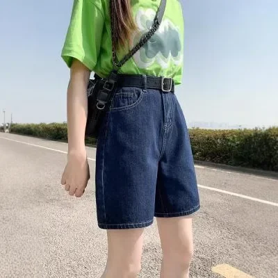 High Waist Five-Quarter Women's Jeans Straight Leg Slimming American Retro Design Loose Wide Leg Mid-Length Shorts