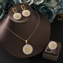 Simple and trendy pearl pendant Necklace Earrings ring Stainless Steel jewelry set for Women Luxury Wedding Party Jewelry Gift