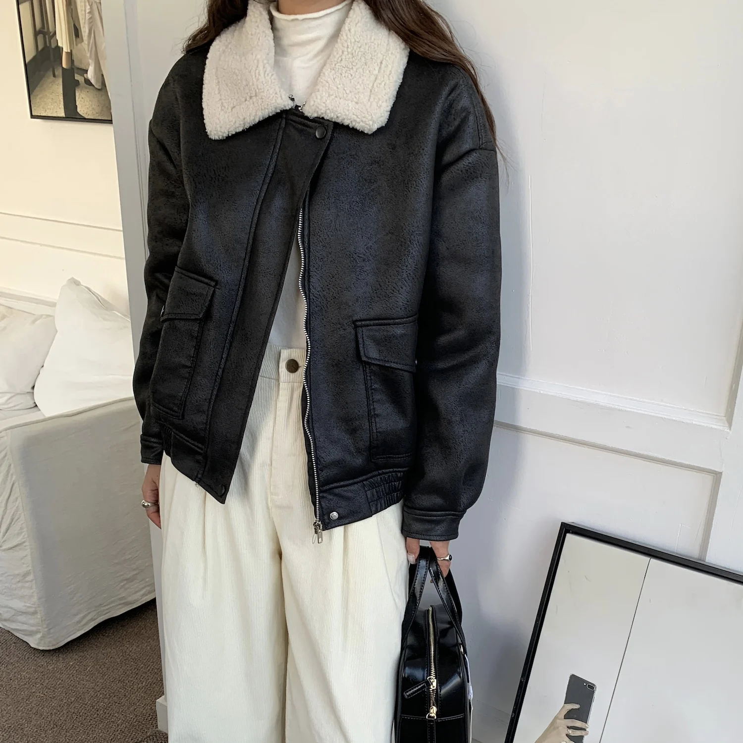 الكورية Sle الدافئة فرو الضأن المشذبة ort Jaet معطف المرأة Faion الخريف الشتاء ملابس خارجية الجلود الناعمة ومعطف الفرو #4