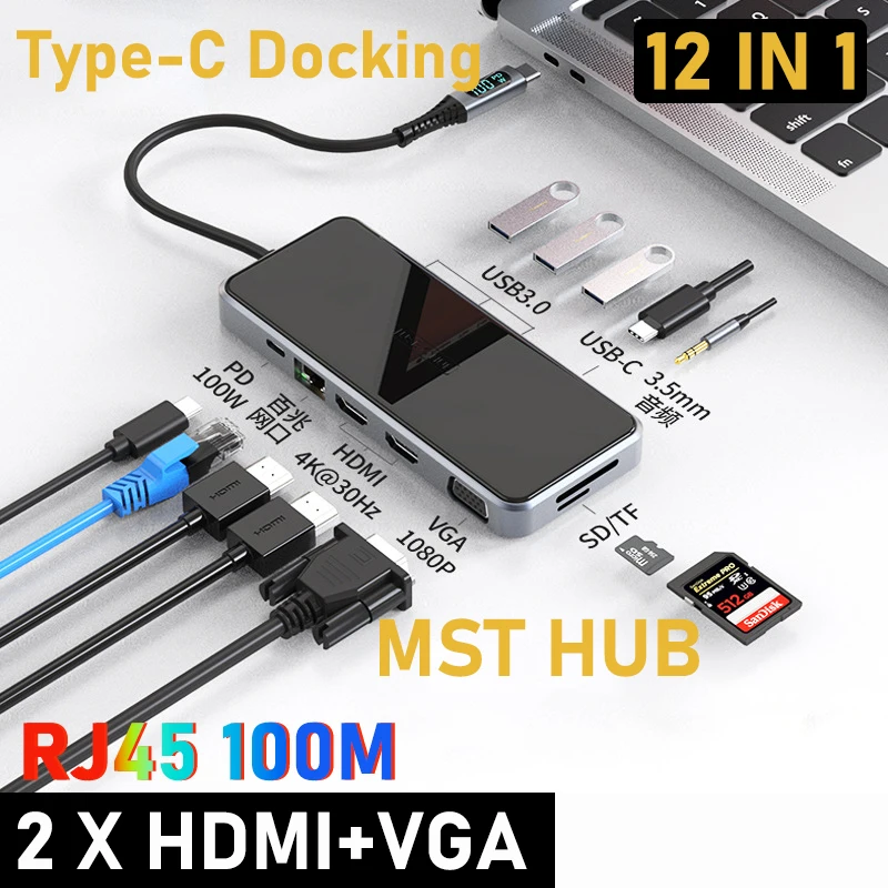 USB Tipe-C MST HUB USB-C docking station 2x hdmi untuk aksesori laptop MacBook Thunderbolt Dock HD Mac mini Dell Lenovo HP ASUS