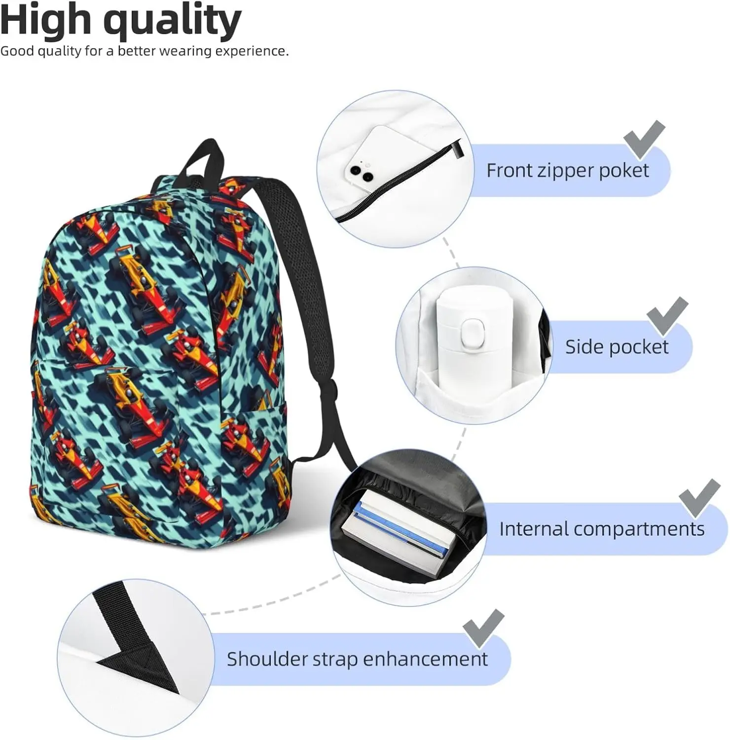 Cartoon Racing Cars Print Lightweight Canvas Backpack, Backpack For Women Men Couples, Travel Laptop Bag