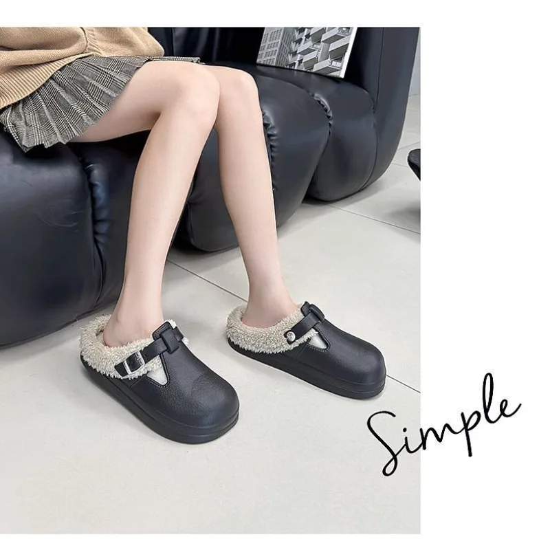 2026 Zapatillas EVA impermeables de invierno para mujer, pantuflas peludas de felpa cálidas, toboganes interiores con hebilla de Metal de fondo grueso antideslizante