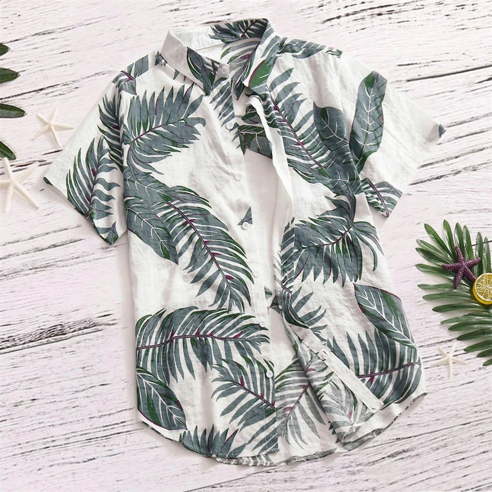 2025 New Hawaiian Red Leaf Tropical Shirtsfloral Men Tops Summer Casual Short Sleeve Button Chemise Loose Vacation Beach