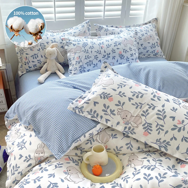 Bedding Set with Flowers, 100% Cotton, Skin Friendly, Breathable, Duvet Cover, 2Pcs Pillowcase,No Bed Sheet