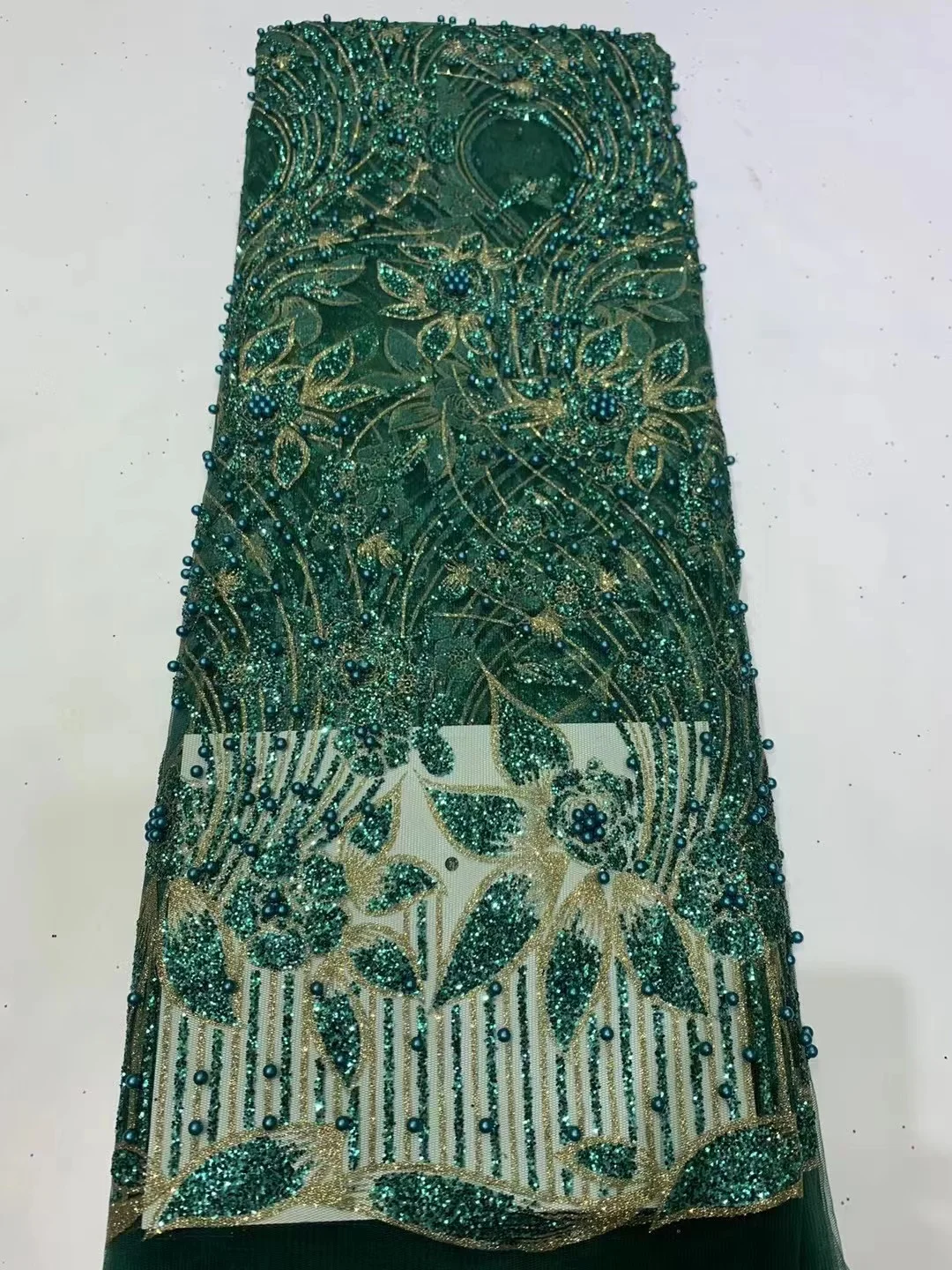 Tela africana de encaje con cuentas pesadas, telas de encaje de lentejuelas bordadas en 3D hechas a mano para vestido de novia, PL348-6