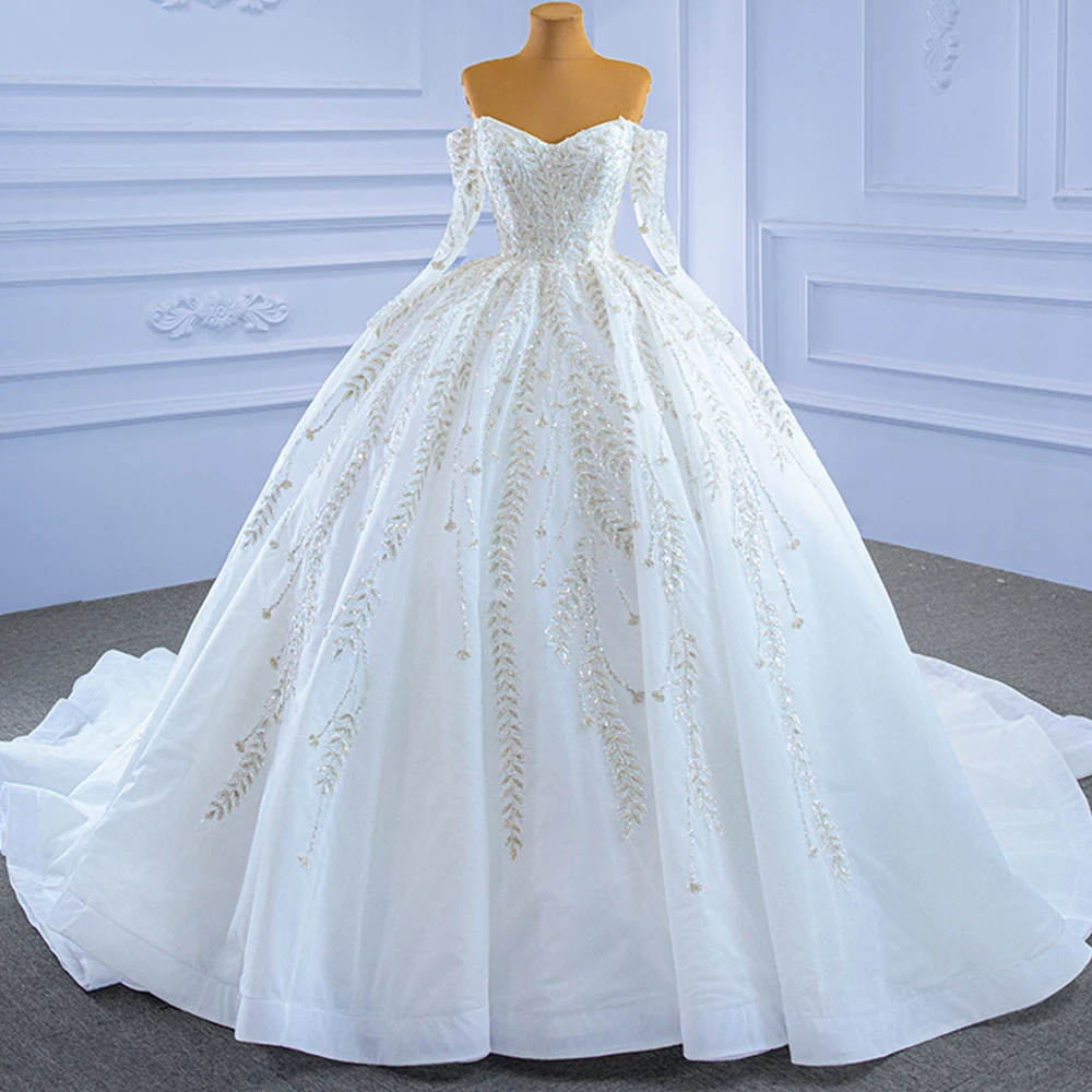 Robe Mariage แขนยาว Tulle ชุดราตรีงานแต่งชุดปิดไหล่ Shining Vestidos De Novia Sequined ประดับด้วยลูกปัด Trouwjurk