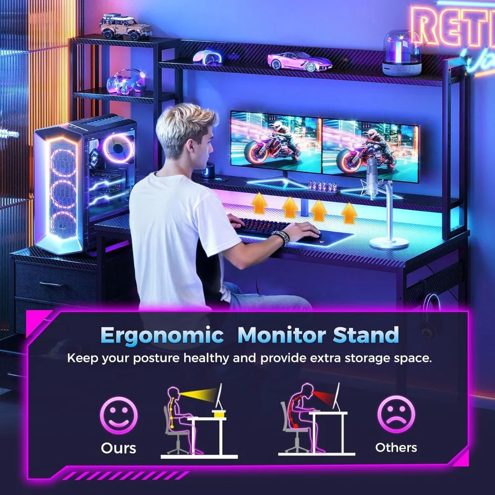 Mesa de jogos de 48 polegadas com gaiola e 3 gavetas de tecido, mesa de computador com portas USB e luzes LED, mesa de jogador de PC reversível com Mo