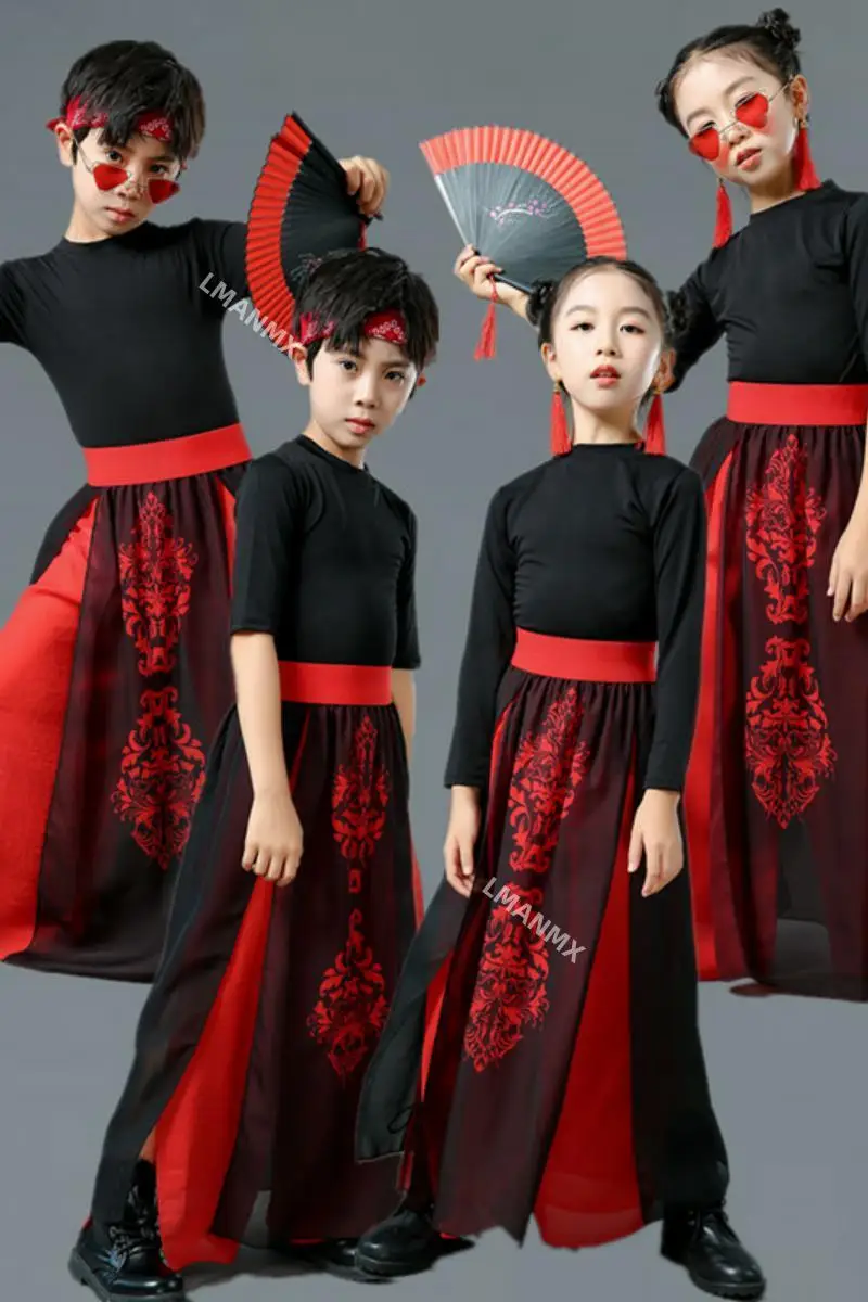 Children Chinese Style Jazz Dance Costume Red Black Hip-Hop Dance Wear Group Performance Stage Costumes Festival Outfits