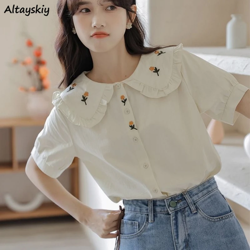 

Shirts Women Floral Embroidery Peter Pan Collar Sweet Japanese Style Sweet Students Age-reducing Mori Girl Fashion Daily Kawaii