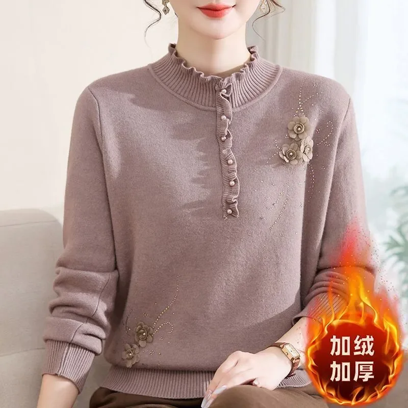 Elegant Mom Fleece Knit Sweater Autumn Winter Ruffle Collar Floral Hot Drill Warm Inner Tops