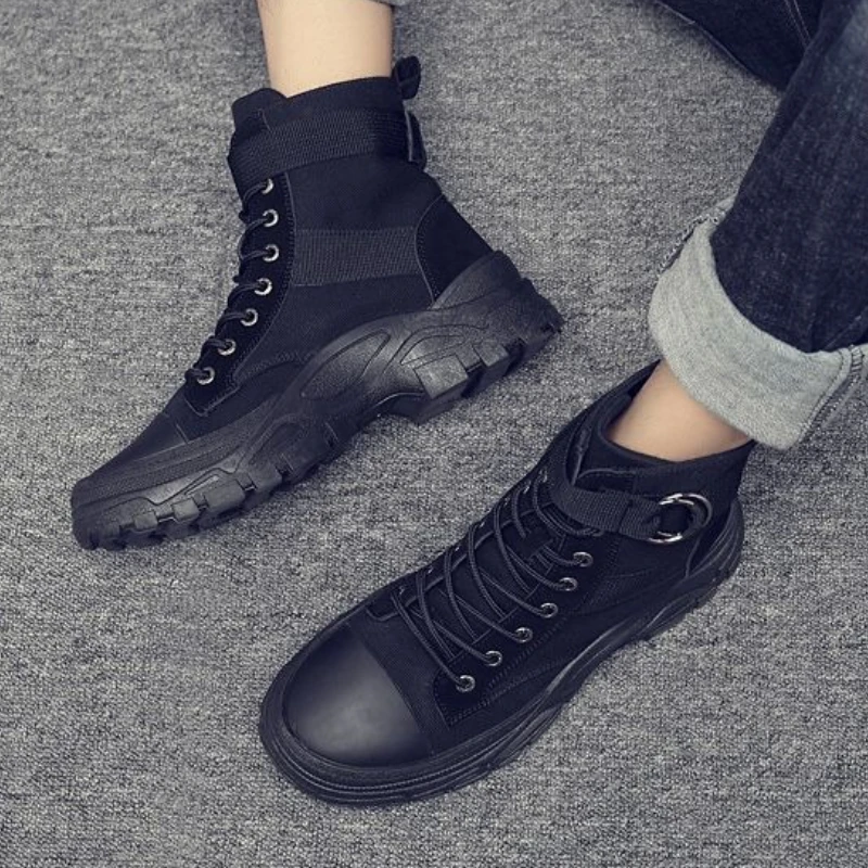 

​ Новинка 2025 года, мужские спортивные парусиновые ботинки с высоким берцем, весенне-осенние уличные походные ботинки на толстой подошве, легкие модные ​ Нескользящая шнуровка