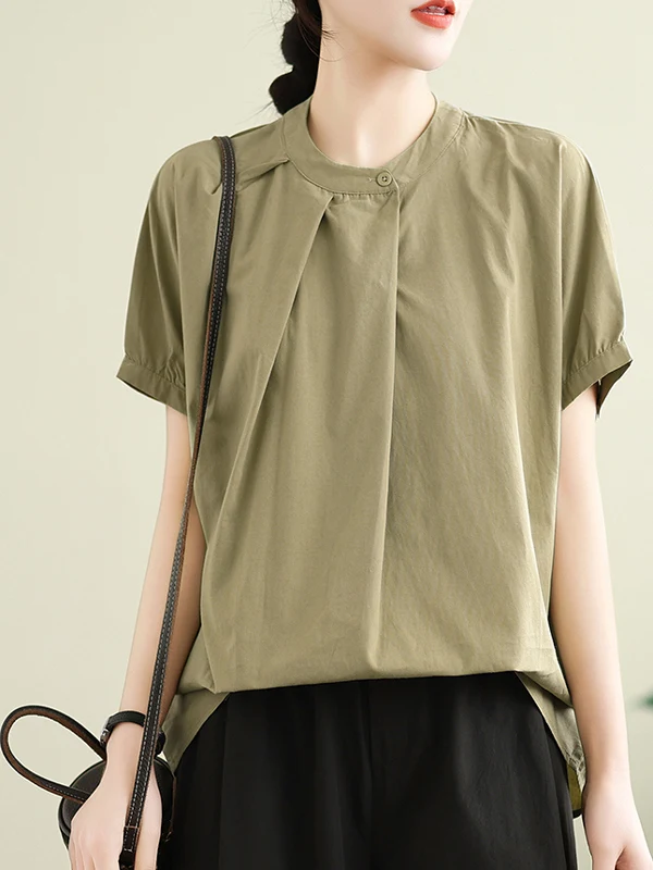 레트로 칼라 순면 루즈핏 여성용 여름 2025 신상 캐주얼 컬러 탑 라운드 넥 미디 길이 셔츠