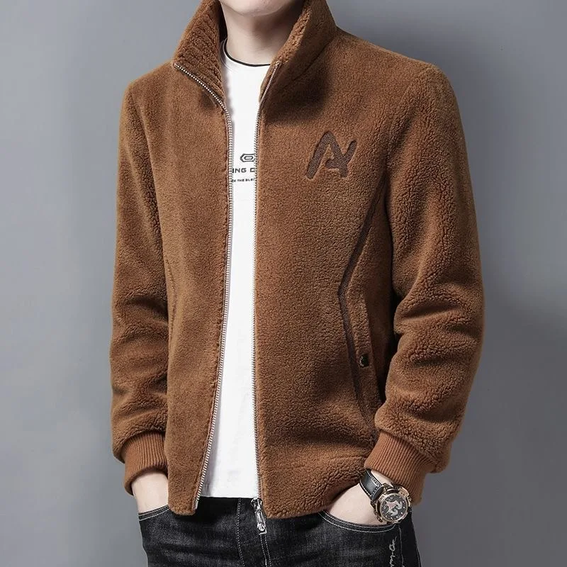 

Leather Men's Winter Lamb Velvet New Coat Stand Collar Integrated Jacket