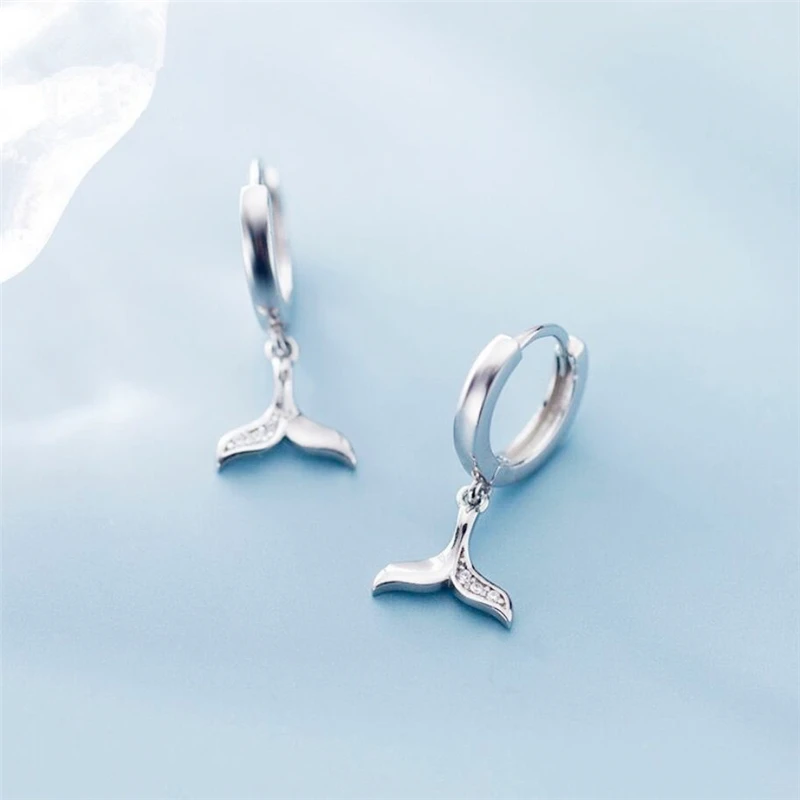Sole Memory Cute Zircon Fishtail Whale Dolphin 925 Sterling Silver Fine Female Dangle Earrings EA765