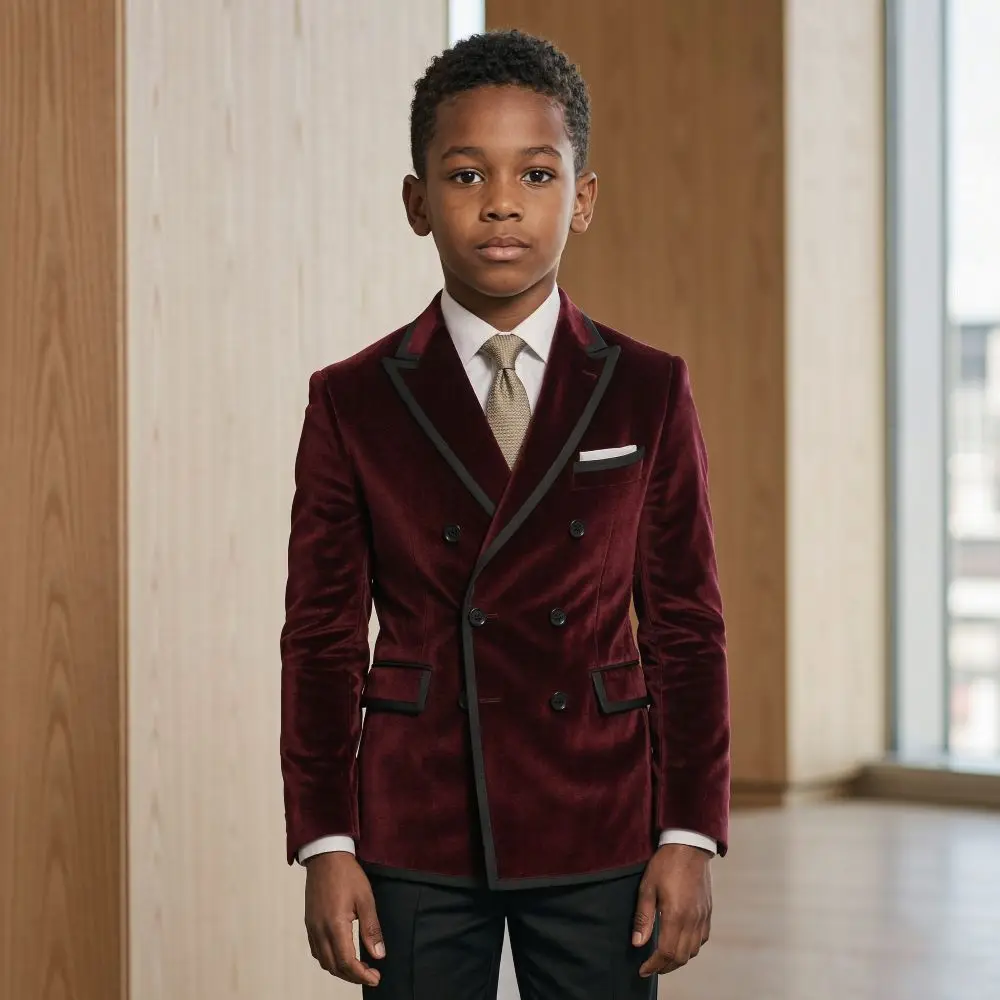Boy Suits Double Breasted Velvet Piping Details Slim Fit Prom 2 Pieces Black Piped Peak Lapel Elegant Formal Wedding Wear