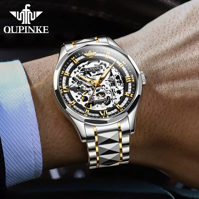 OUPINKE 3209 Men\'s Watches 5Bar Waterproof Skeleton Roman Numeral Dial Original Fully Automatic Mechanical Wrist Watches for Men