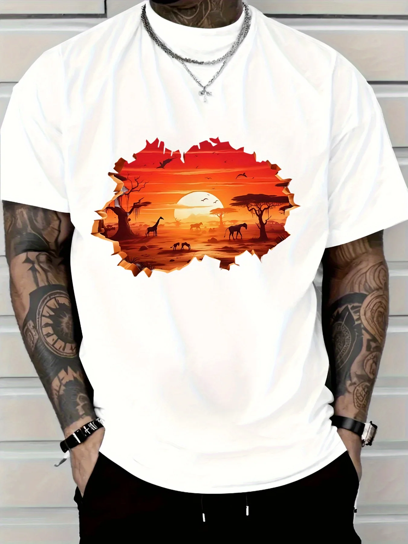 

Men's Casual Cotton T-Shirt African Safari Sunset Print with Giraffes Zebras Short Sleeve Tee for Outdoor Daily Wear