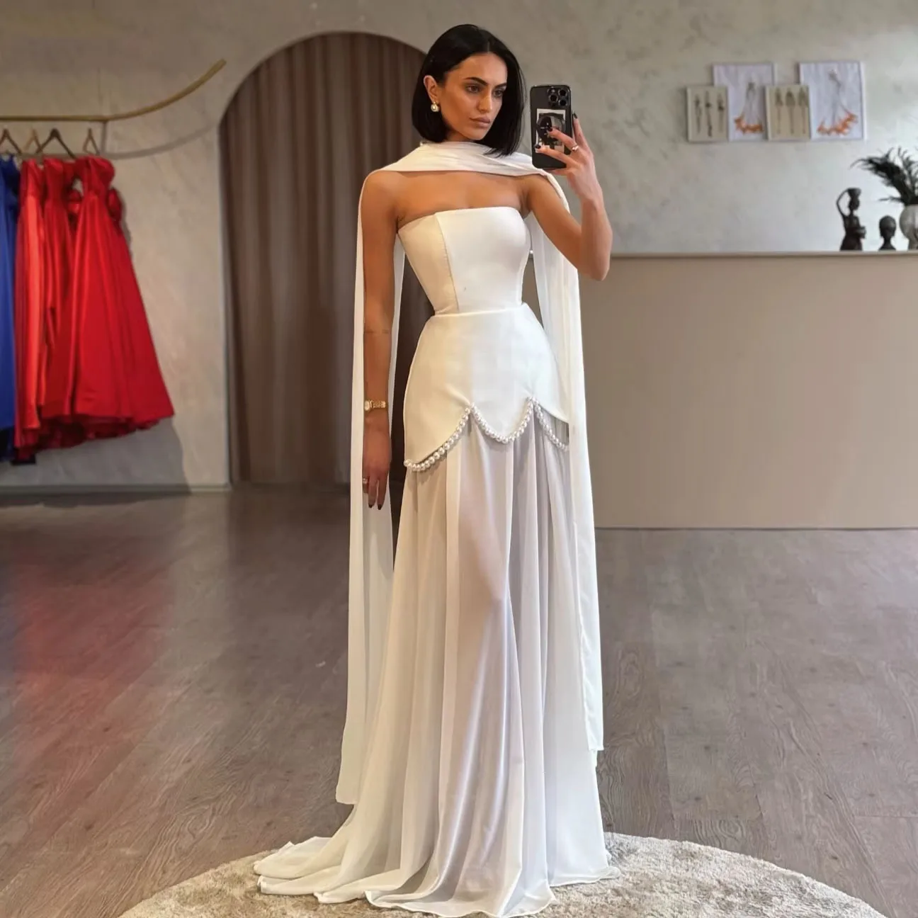 

Strapless Satin Prom Dresses 2025 with Pearls Sleeveless Sexy Long Evening Gown A-line Elegant Formal Dress for Women Customized