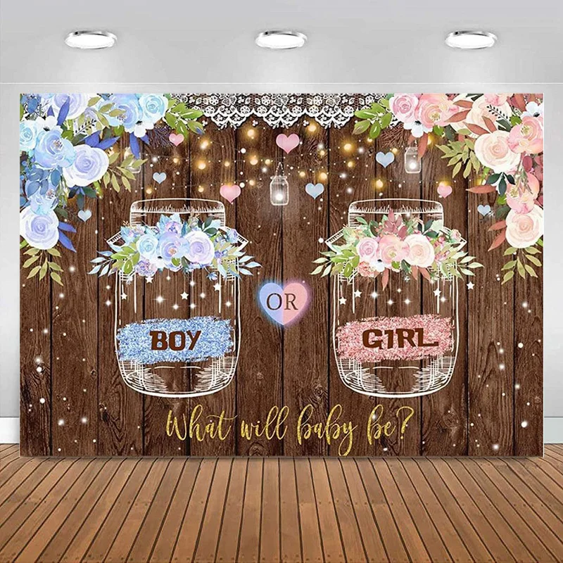 Gender Reveal Backdrop Boy or Girl What Will Baby Be Wooden Photography Background She or He Pink Blue bottle Banner Decoration