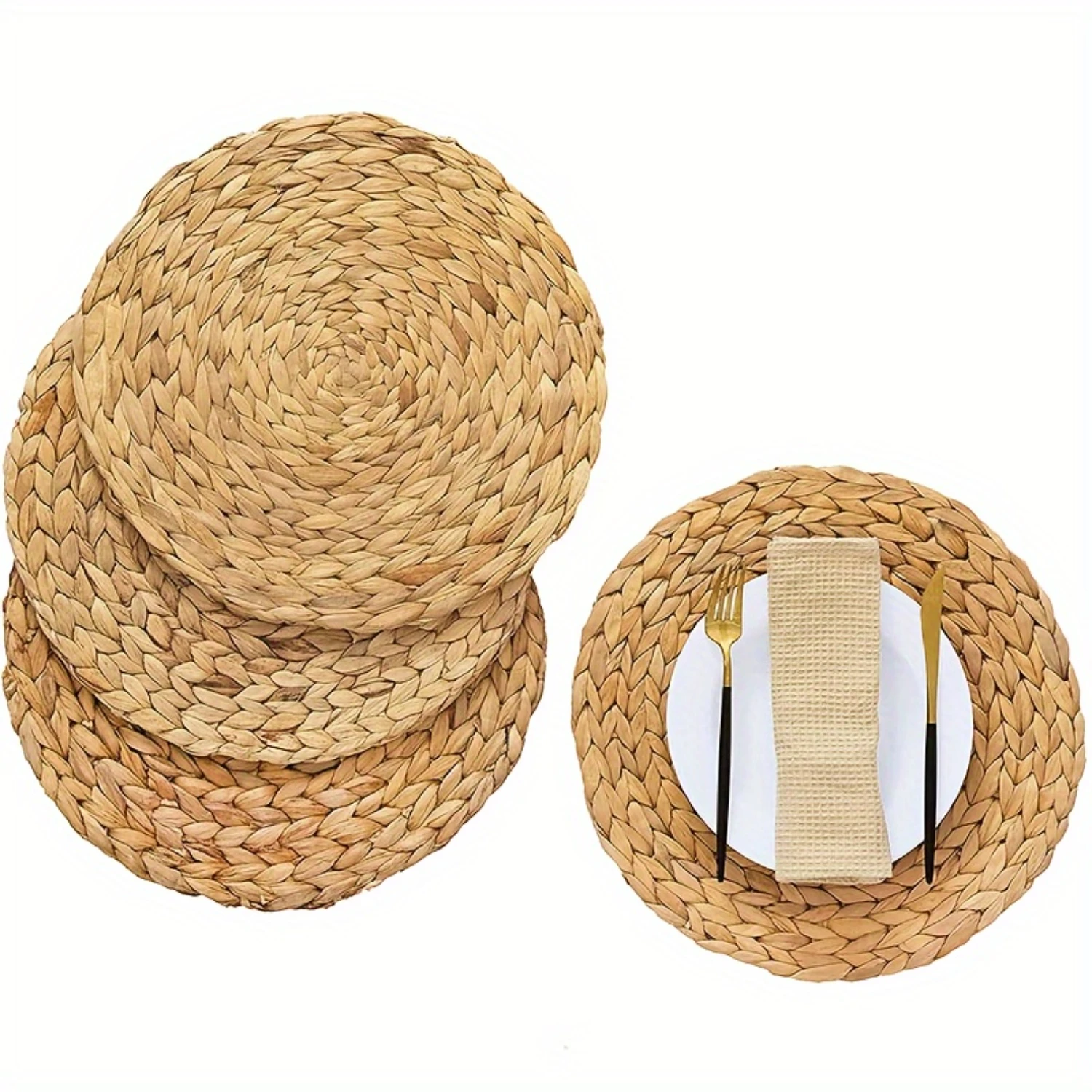 Vietnam Handmade Water Hyacinth Woven Placemats x6 - Thick Coasters for Dining Table - Heat Insulation Mats