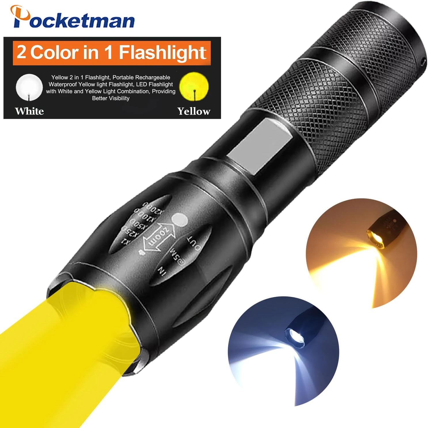 

2-in-1 Flashlight Yellow & White Light Hight Lumen Amber Light for Fishing Flashlight, Camping,Emergency Dual Light Lamp