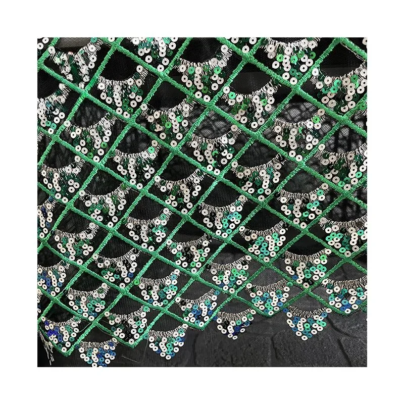 Green Grid Sequins Embroidered Mesh Fabric Colorful Dress Dress Bag Clothing Designer Fabric