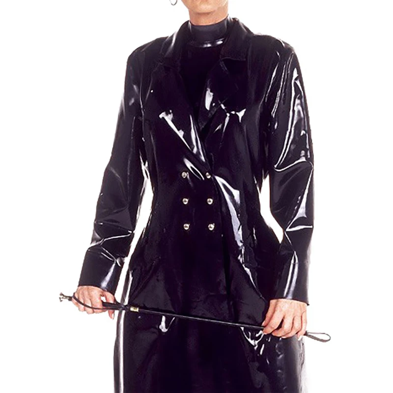 Black Sexy Latex Robe With Double Breasted Buttons At Front Rubber Coat Jacket YF-0435