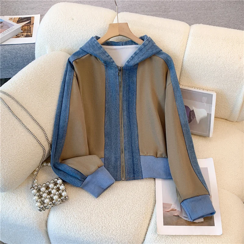 Vintage Denim Coat Pants Women 2 Piece Set Hooded Long Sleeve Single-breasted Jacket Female Suit 2024 Office Lady Commute Outfit