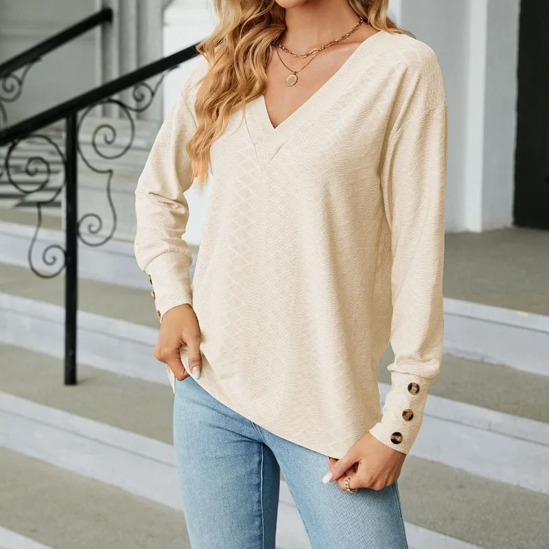Spring and Autumn Women's Pullover V-neck Solid Tie Flowers Long Sleeve T-shirt Underlay Fashion Office Lady Casual Loose Tops