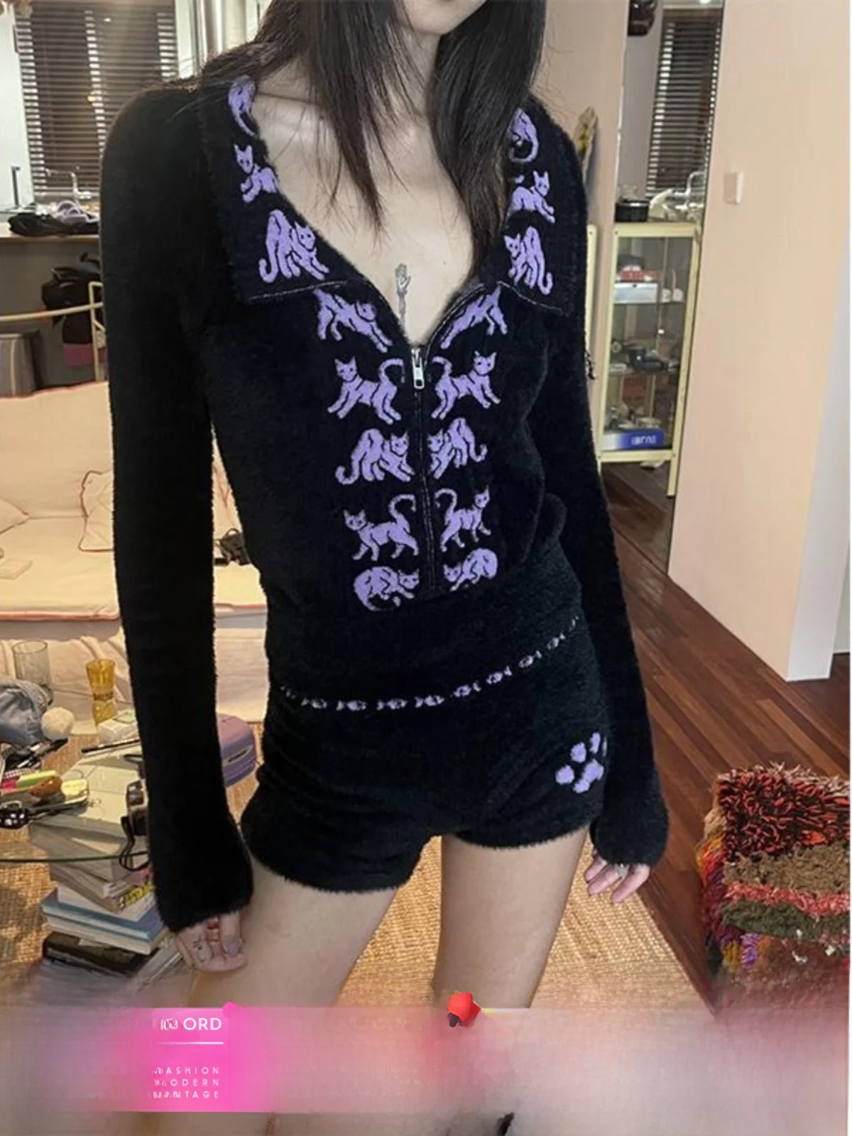 

Оригинальный вязаный длинный кардиган све, пальто с большим воротником, черно-фиолетовый цветочный дизайн, зимняя верхняя одежда из полиэстера и волокна