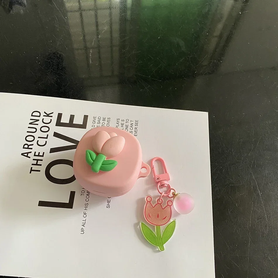 Für Samsung Galaxy Knospen 2 Pro/Knospen Live /buds2 PRO Fall Nette Blume Tulpe Keychain Silikon Kopfhörer Abdeckung zubehör Box