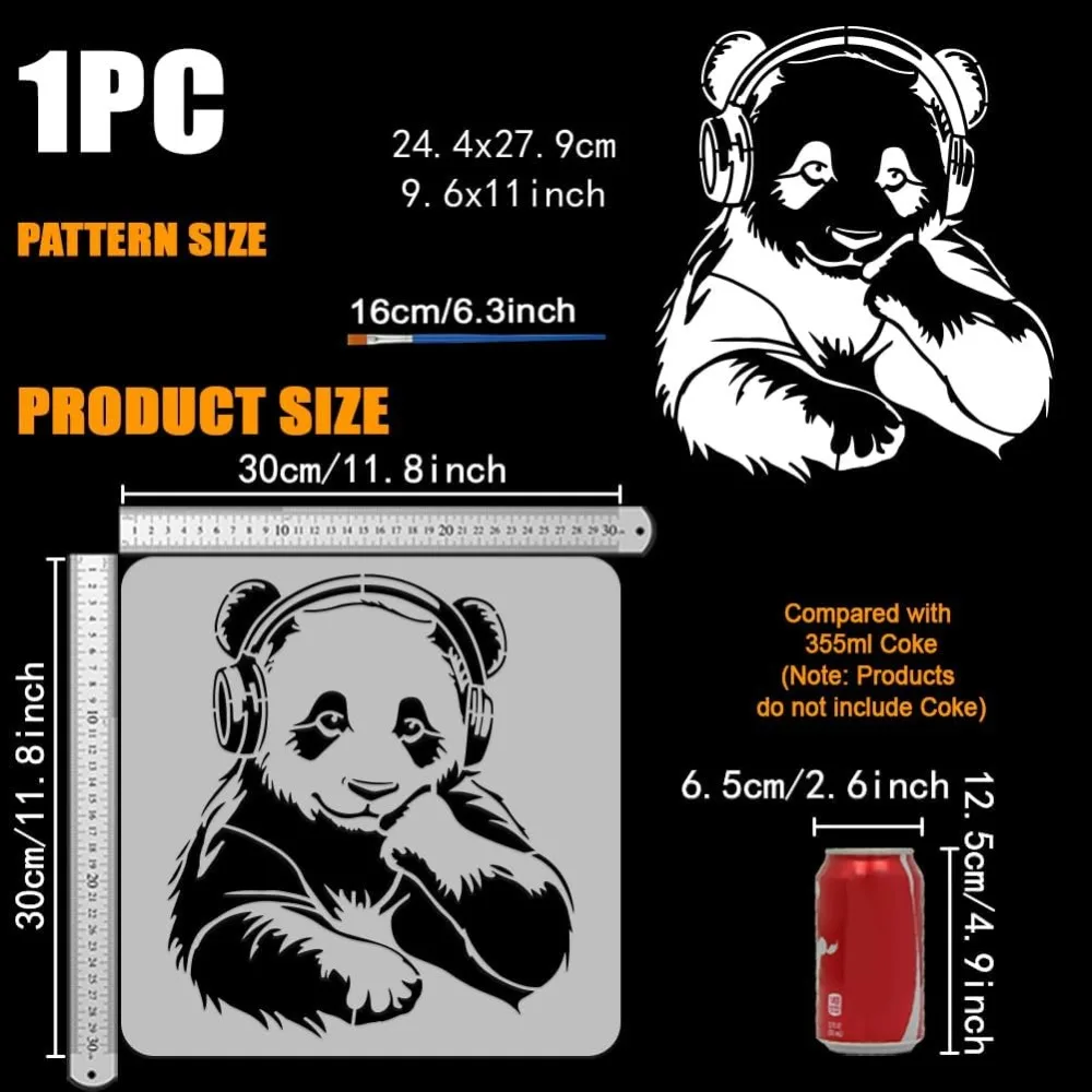 Panda Stencil with a Paint Brush 11.8x11.8Inch Reusable Thinking Panda Stencil PET Animal Headphones Decoration Template Banksy