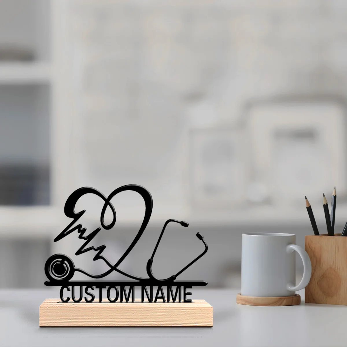 1pc Abstract love stethoscope Metal Statue Customized Name Art Crafts With Wood Base Iron Sculpture For Friend Gifts