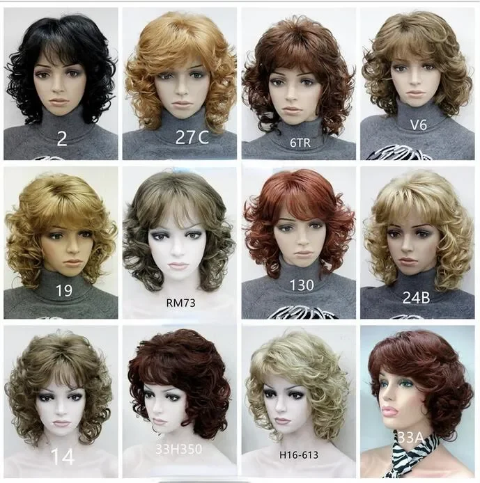 13Colour Lady Vrouwen Korte Krullende Pruiken Blonde Bruine Wijn Rood Golvend Haar Pruik