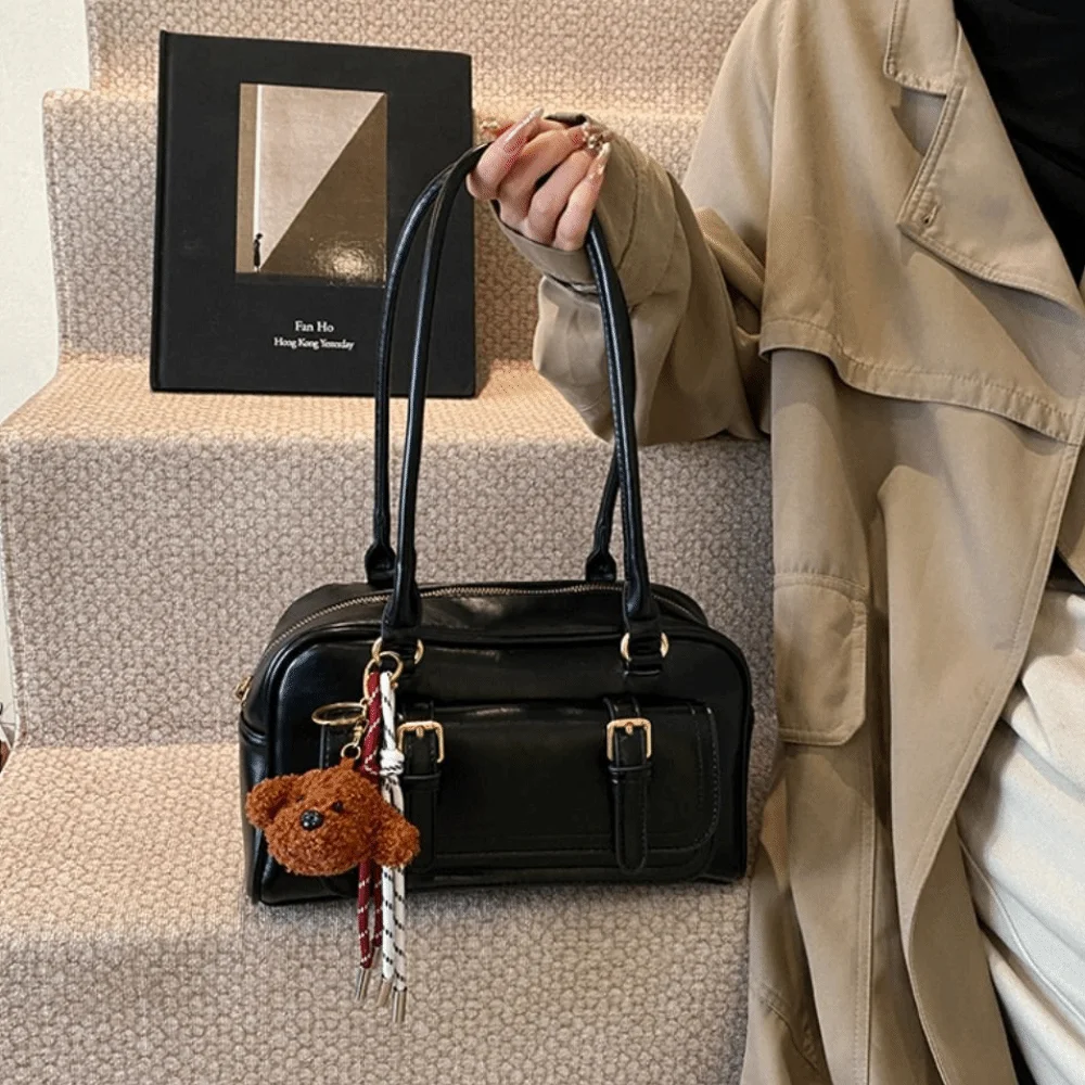 

Mini Korean Style PU Bowling Bag Handbag Minority Design Pocket Boston Tote Bag Solid Color French Style Underarm Bag Women