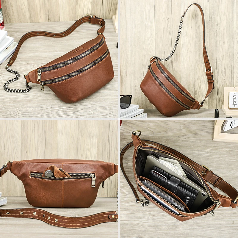 Contact's Women Chest Bag Genuine Leather Design Luxury Travel Chain Sling Crossbody Bag Female Fanny Pack High Quality Handbag