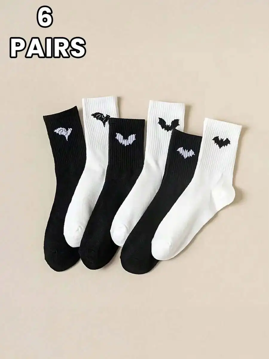 6 Pairs Bat Print Mid-Calf Socks Gothic Style Comfortable Daily Wear Black White view 5
