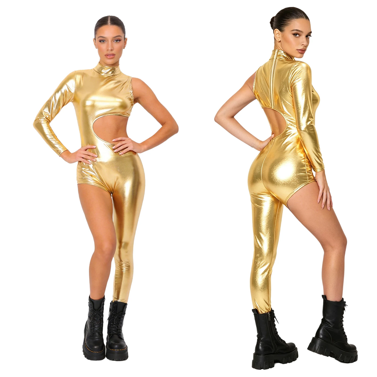 Single Long Sleeve Metallic Jazz Disco Jumpsuit for Women Skinny Leg Hollow Waist Asymmetrical Bodysuit Romper Night Clubwear