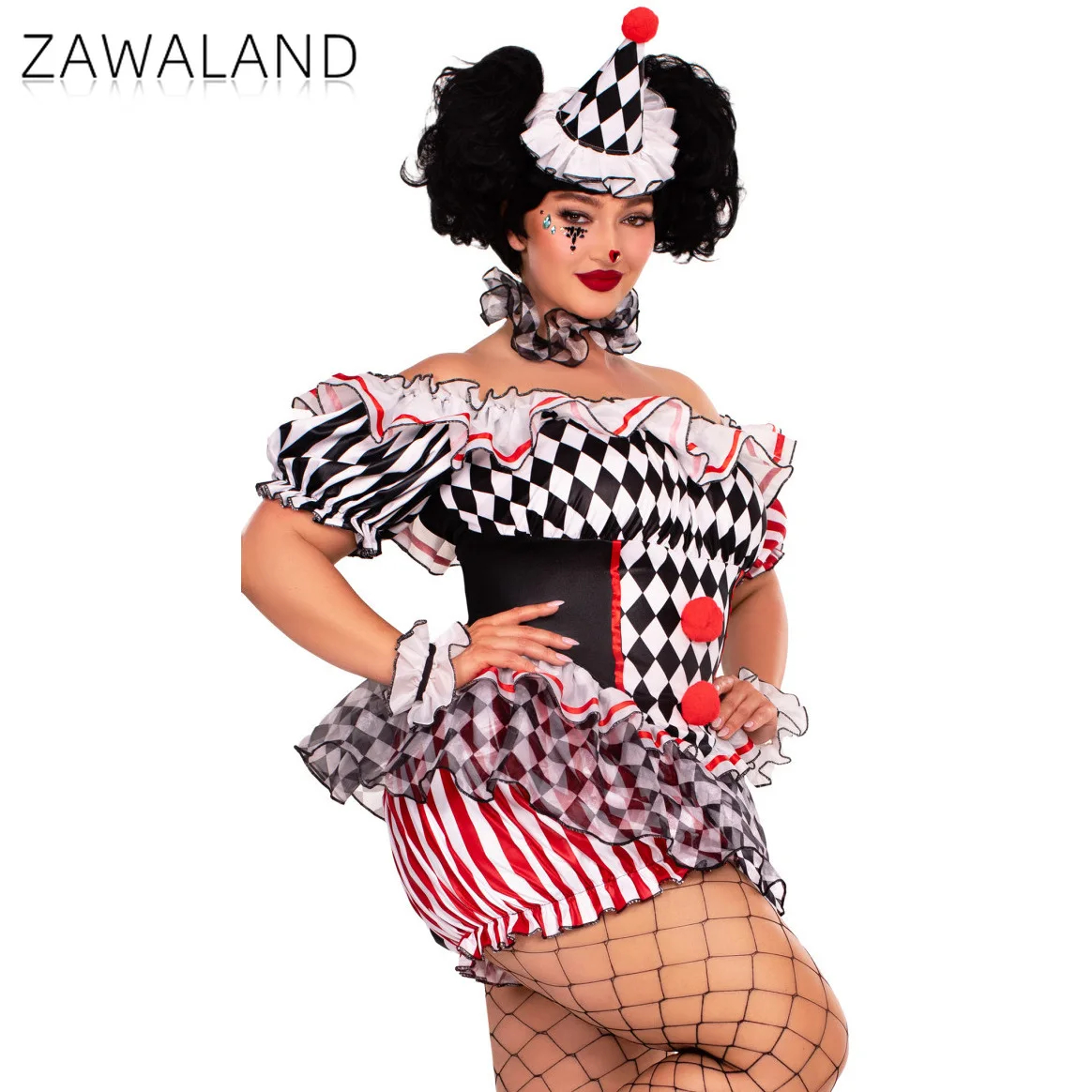 Schwarz Weiß Plaid Clown Cosplay Kostüm Für Frau Off Schulter Puff Sleeve Kleidung Karneval Festival Party Leistung Outfits