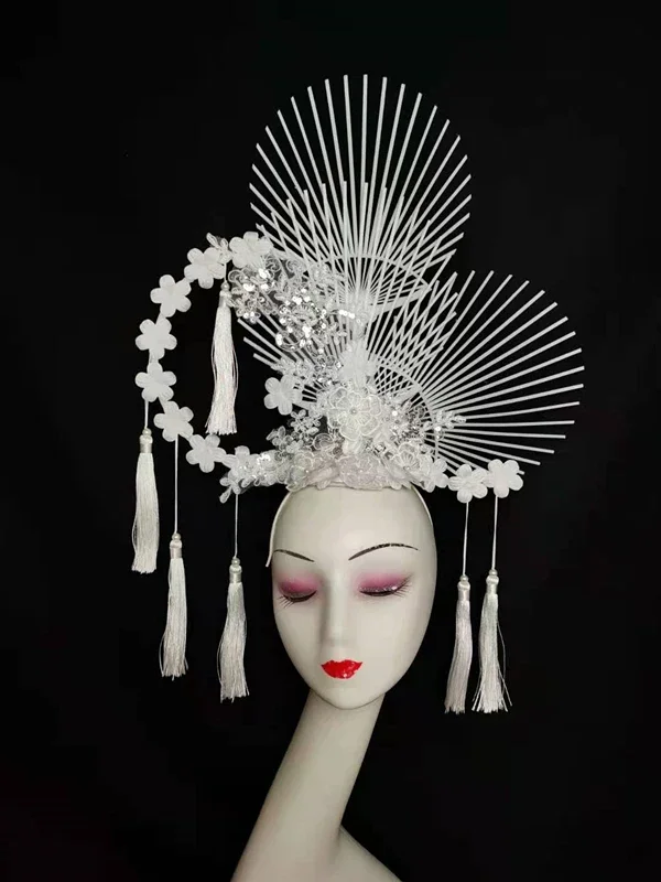 Original Chinese style white flower stage model catwalk color performance makeup modeling personalized creative cosplay mask