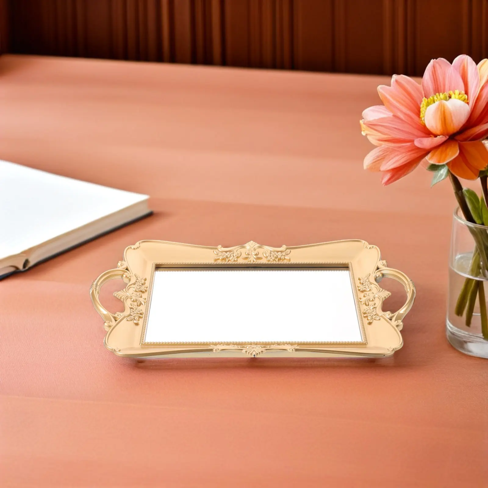 Rectangle Vintage Mirror Tray Gold Embossed Flower Decorative Glass Serving Tray for Vanity Dresser Decor Jewelry Cosmetics