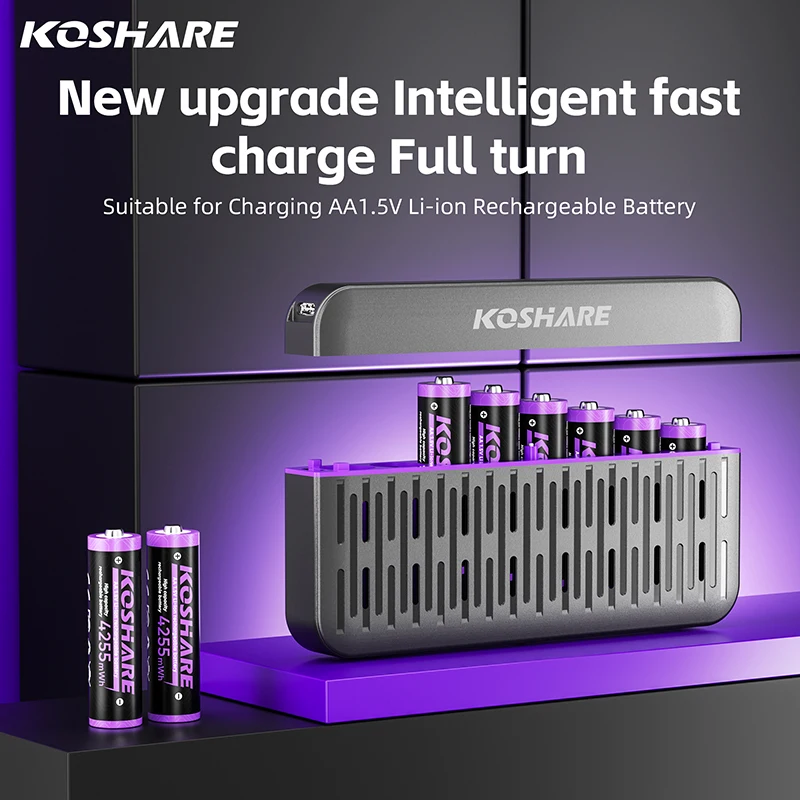 KOSHARE 8 Slot LED Smart Battery Charger Sets Type-C Port With 1.5V AA AAA Rechargeable Batteries 4255mWh 1100mWh Li-ion Battery