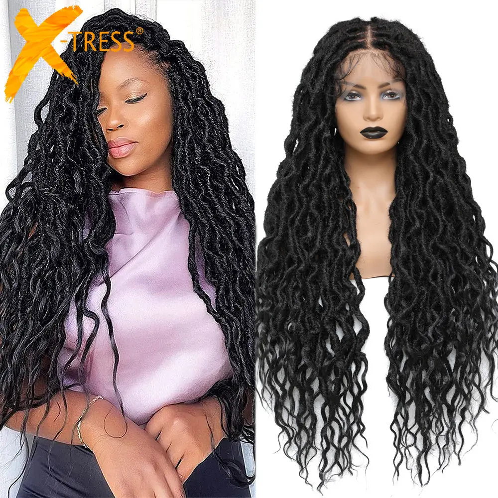 

X-TRESS Synthetic Long Braided Wigs For Black Women 13X4 Lace Front Free Part Goddess Faux Locs 32" Lace Wig Natural Daily Use