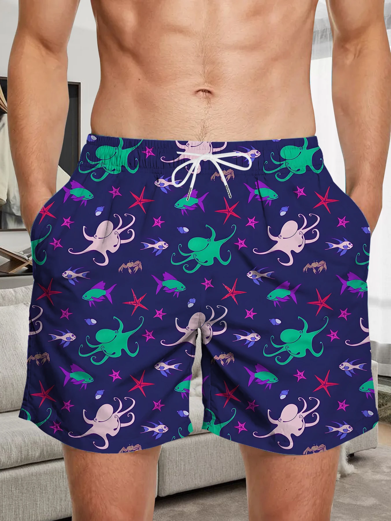 

Trendy All Over Digital Print Shorts Men Light Quick Dry Polyester Beach Bottoms
