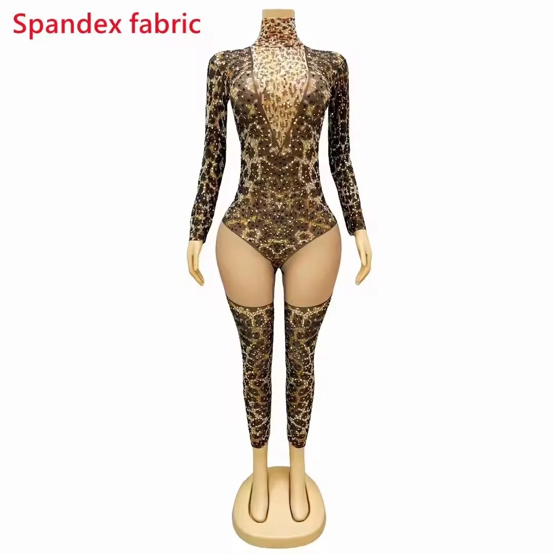 Jumpsuit Bar Elastic Long Women Leopard Tight Rhinestones Sleeve Printed Leotard Singer Dancer Stage Performance Dance Costume