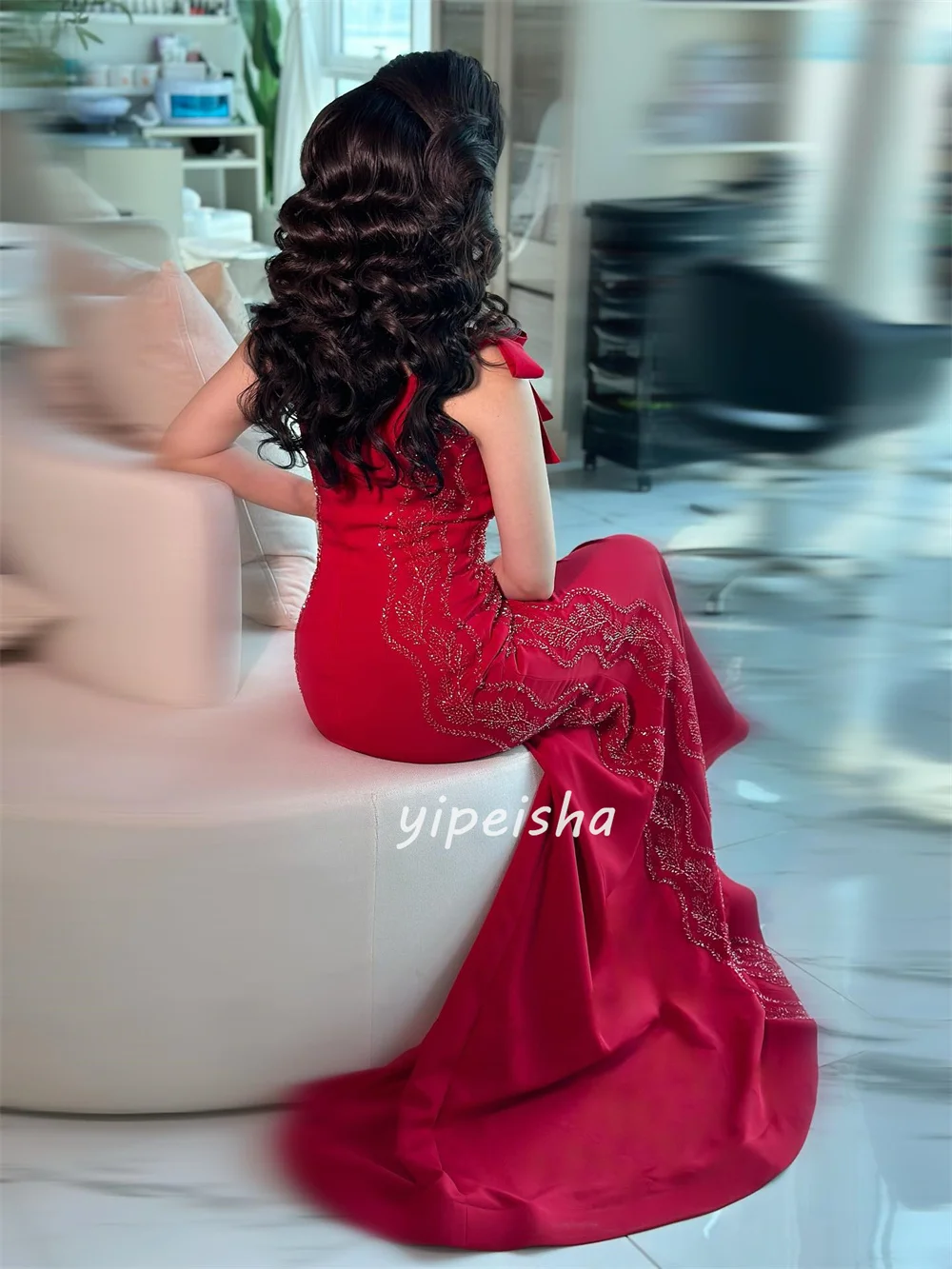 Personalizado de alta qualidade clássico jérsei beading plissado sereia fora do ombro vestidos longos sob medida vestidos de ocasião combinando