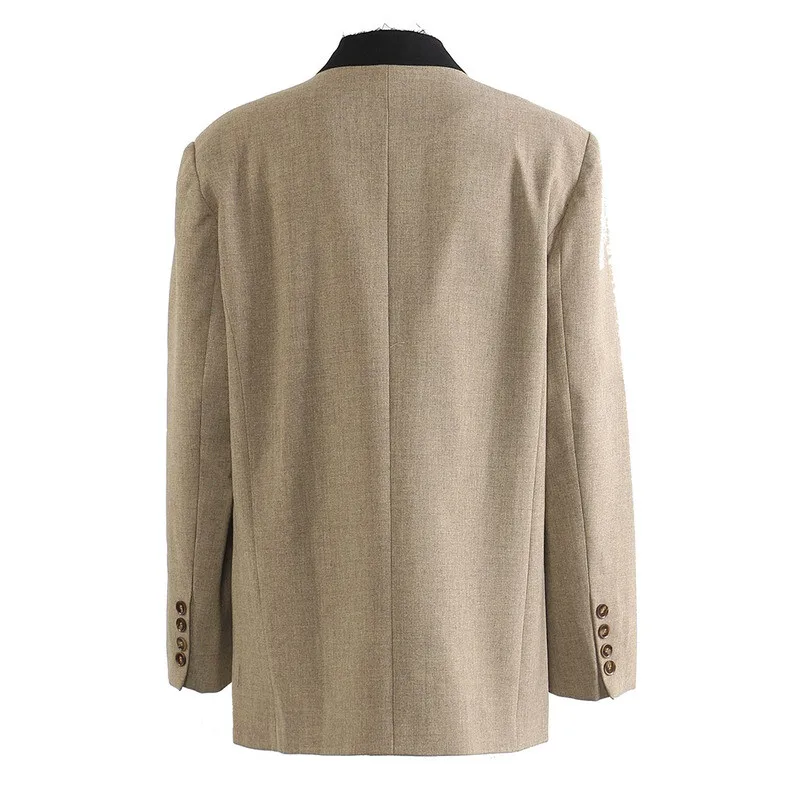 YERMORA Khaki Patchworkowa Kurtka Casualowa Damska z Dekoltem w Serek, Długim Rękawem, Luźna, Nowa Modna Kurtka na Wiosnę i Jesień 2025