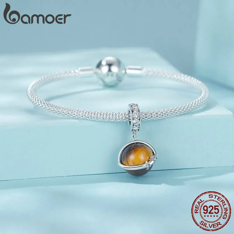 

NEW Bamoer 100% 925 Sterling Silver Natural Tigerite Energy Charm For Fit Bracelet DIY Necklace Bead Fine Jewelry Birthday Gift